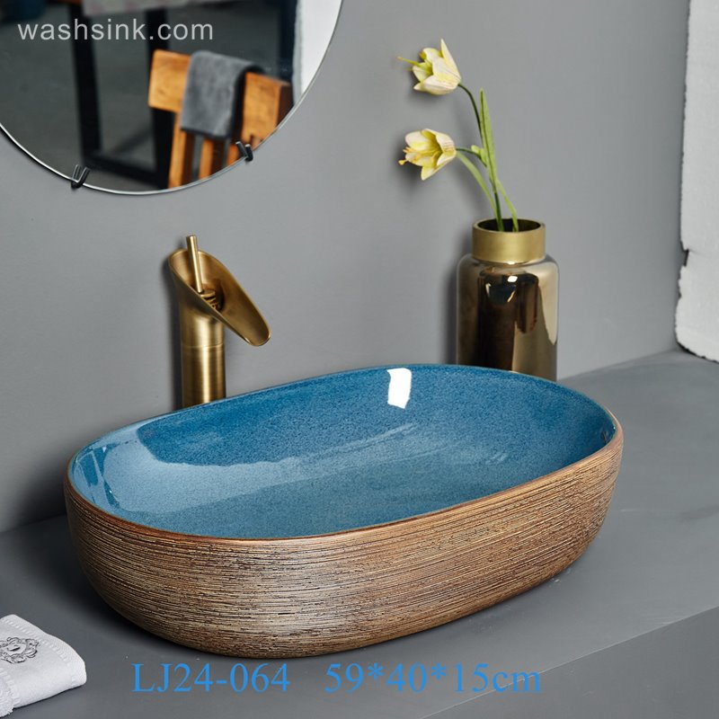 LJ24-064-BQ0A7013 LJ24-0064 Rectangular ceramic basin with brown stripes on the outside and blue gloss on the inside - shengjiang  ceramic  factory   porcelain art hand basin wash sink
