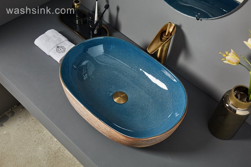 LJ24-064-BQ0A7018 LJ24-0064 Rectangular ceramic basin with brown stripes on the outside and blue gloss on the inside - shengjiang  ceramic  factory   porcelain art hand basin wash sink