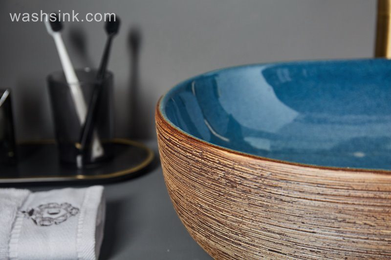LJ24-064-BQ0A7019 LJ24-0064 Rectangular ceramic basin with brown stripes on the outside and blue gloss on the inside - shengjiang  ceramic  factory   porcelain art hand basin wash sink