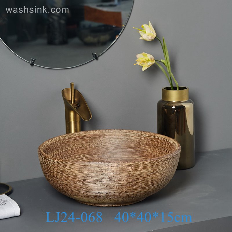 LJ24-068-BQ0A7085 LJ24-0068 Brown circular design modeling ceramic bathroom sink - shengjiang  ceramic  factory   porcelain art hand basin wash sink