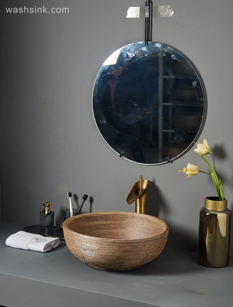 LJ24-068-BQ0A7087 LJ24-0068 Brown circular design modeling ceramic bathroom sink - shengjiang  ceramic  factory   porcelain art hand basin wash sink