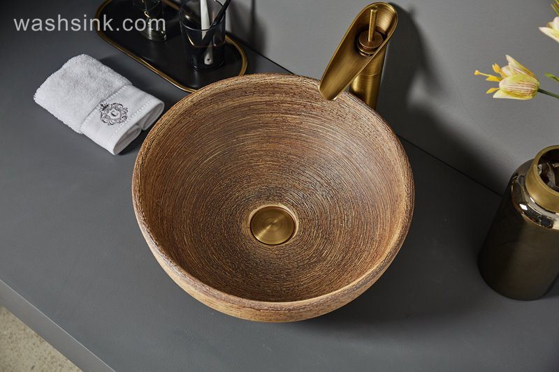 LJ24-068-BQ0A7090 LJ24-0068 Brown circular design modeling ceramic bathroom sink - shengjiang  ceramic  factory   porcelain art hand basin wash sink