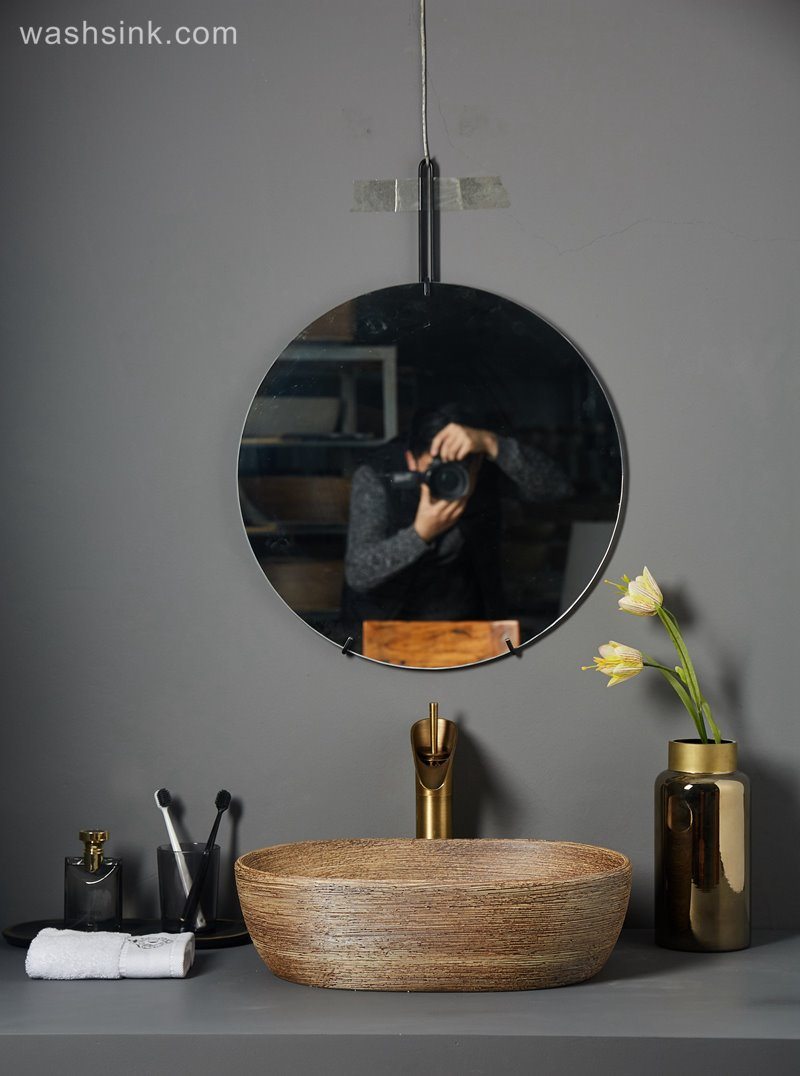 LJ24-069-BQ0A7093 LJ24-0069 Modern creative Oval wood striped ceramic bathroom wash basin - shengjiang  ceramic  factory   porcelain art hand basin wash sink