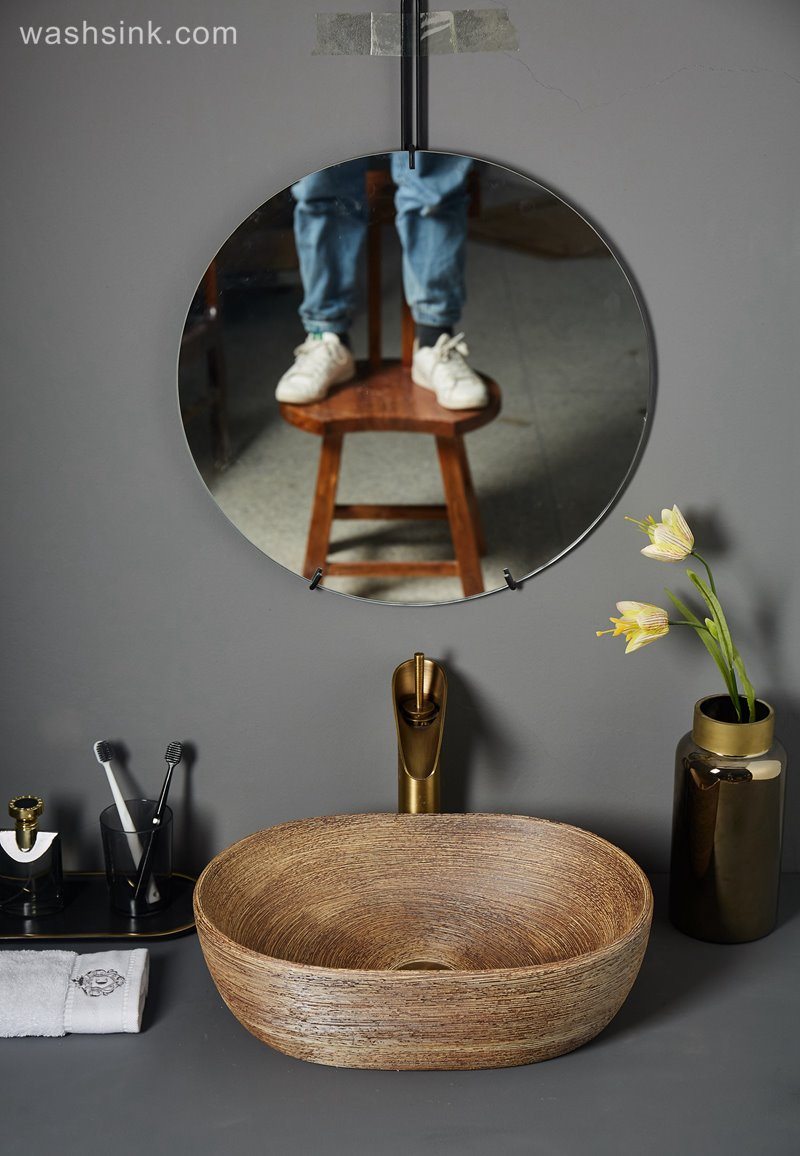 LJ24-069-BQ0A7096 LJ24-0069 Modern creative Oval wood striped ceramic bathroom wash basin - shengjiang  ceramic  factory   porcelain art hand basin wash sink