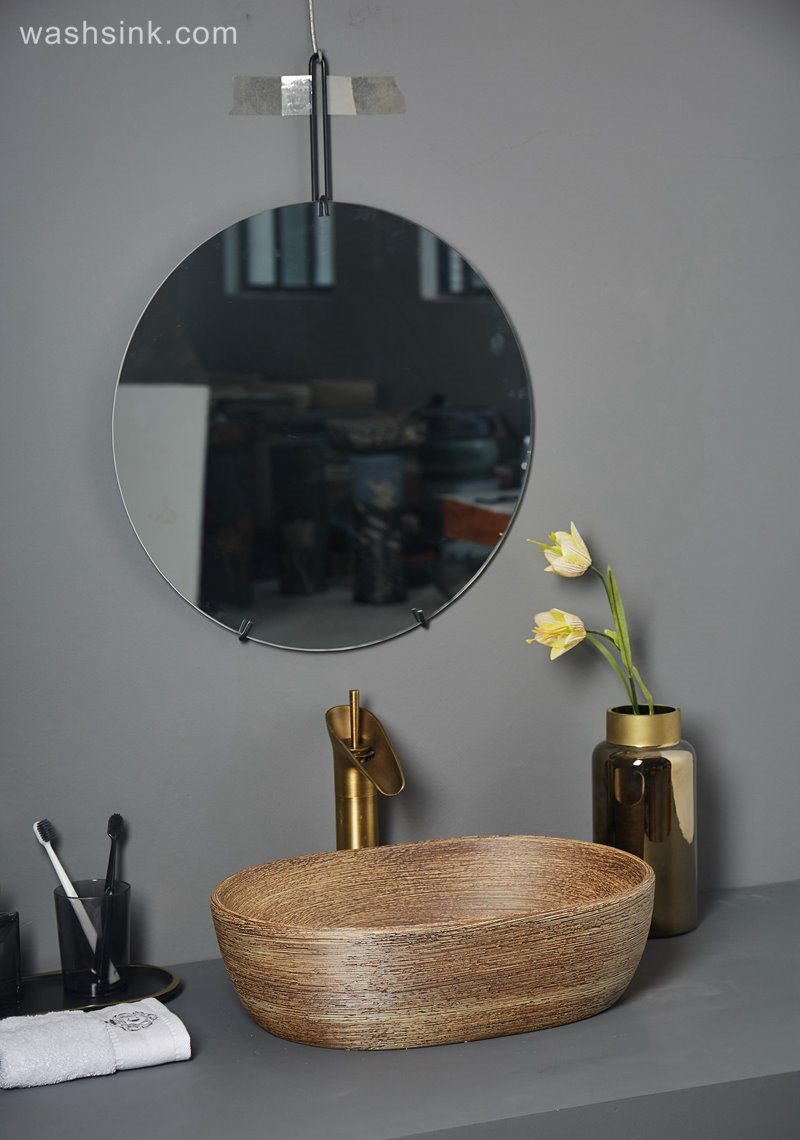 LJ24-069-BQ0A7097 LJ24-0069 Modern creative Oval wood striped ceramic bathroom wash basin - shengjiang  ceramic  factory   porcelain art hand basin wash sink
