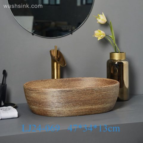 LJ24-0069 Modern creative Oval wood striped ceramic bathroom wash basin