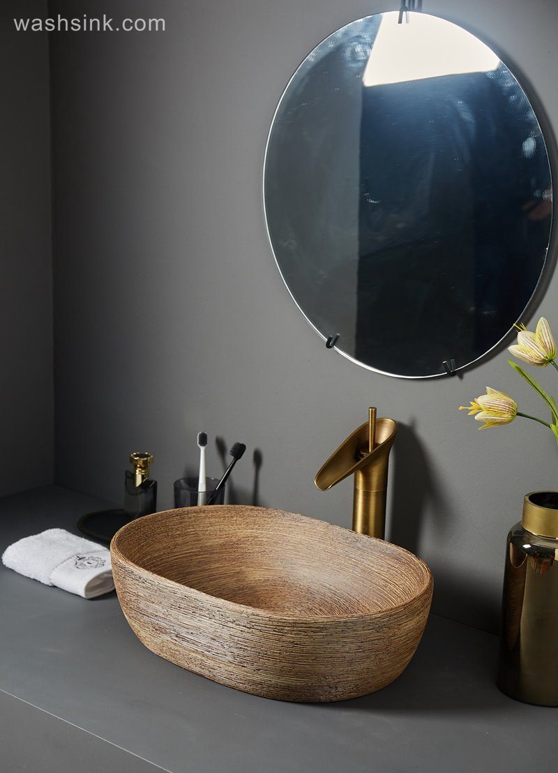 LJ24-069-BQ0A7101 LJ24-0069 Modern creative Oval wood striped ceramic bathroom wash basin - shengjiang  ceramic  factory   porcelain art hand basin wash sink