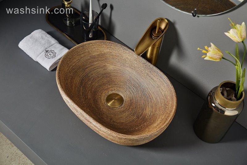 LJ24-069-BQ0A7102 LJ24-0069 Modern creative Oval wood striped ceramic bathroom wash basin - shengjiang  ceramic  factory   porcelain art hand basin wash sink
