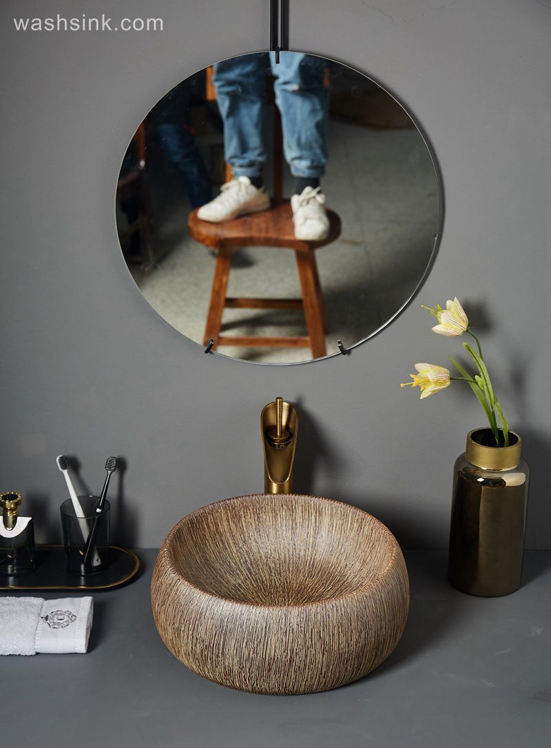 LJ24-070-BQ0A7108 LJ24-0070  Wooden circular vertical stripes design home decor Bathroom ceramic sink - shengjiang  ceramic  factory   porcelain art hand basin wash sink