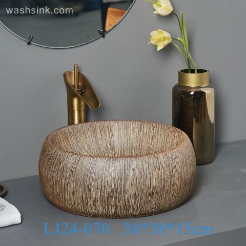LJ24-0070  Wooden circular vertical stripes design home decor Bathroom ceramic sink