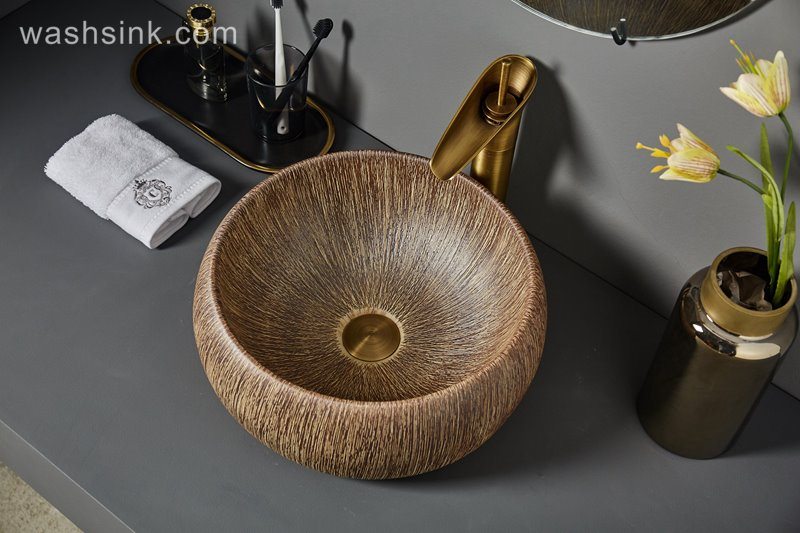 LJ24-070-BQ0A7114 LJ24-0070  Wooden circular vertical stripes design home decor Bathroom ceramic sink - shengjiang  ceramic  factory   porcelain art hand basin wash sink