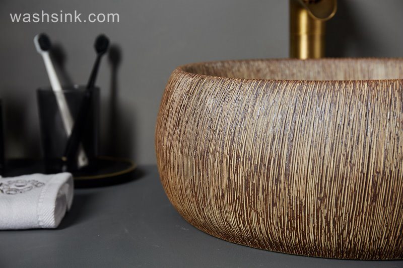 LJ24-070-BQ0A7116 LJ24-0070  Wooden circular vertical stripes design home decor Bathroom ceramic sink - shengjiang  ceramic  factory   porcelain art hand basin wash sink