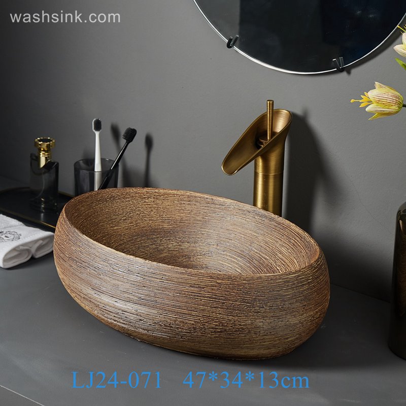 LJ24-071-BQ0A7149 LJ24-0071 Oval Vessel Sink Ceramic Bathroom Vessel Sink Retro Wash Sink - shengjiang  ceramic  factory   porcelain art hand basin wash sink