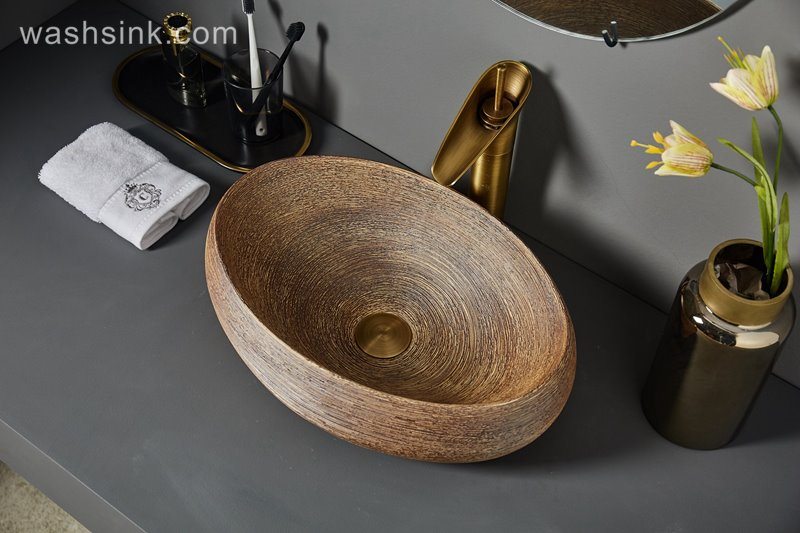 LJ24-071-BQ0A7150 LJ24-0071 Oval Vessel Sink Ceramic Bathroom Vessel Sink Retro Wash Sink - shengjiang  ceramic  factory   porcelain art hand basin wash sink