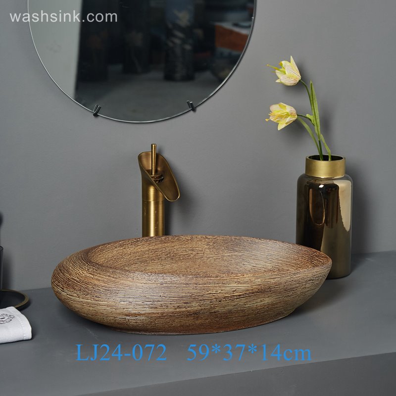 LJ24-072-BQ0A7217 LJ24-0072 Original wood stripes creative pebble shape bathroom decorative ceramic wash basin - shengjiang  ceramic  factory   porcelain art hand basin wash sink