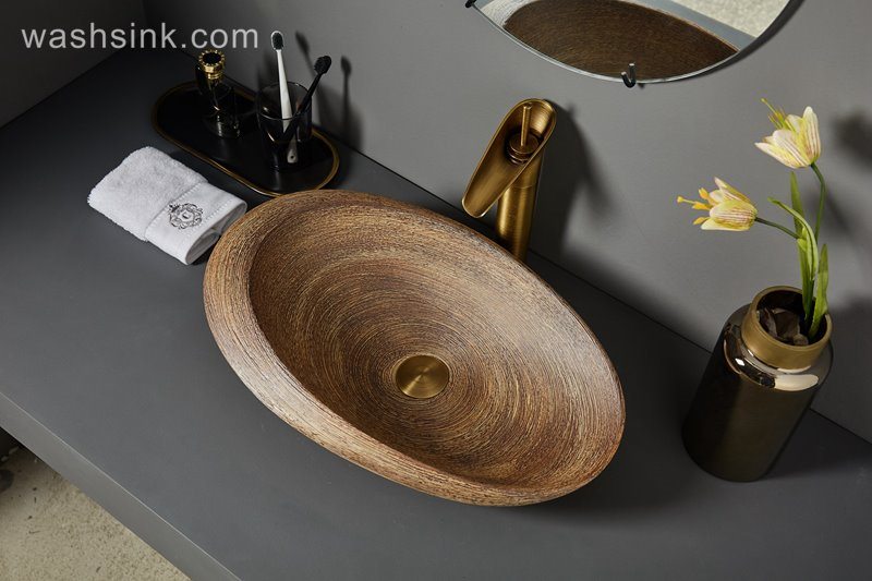 LJ24-072-BQ0A7222 LJ24-0072 Original wood stripes creative pebble shape bathroom decorative ceramic wash basin - shengjiang  ceramic  factory   porcelain art hand basin wash sink