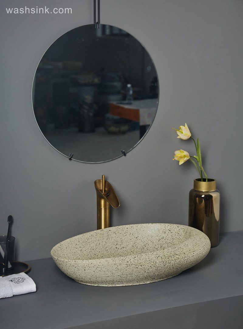 LJ24-076-BQ0A7271 LJ24-0076 2024 New design yellow sand grain appearance decorative pebble shape ceramic wash basin - shengjiang  ceramic  factory   porcelain art hand basin wash sink