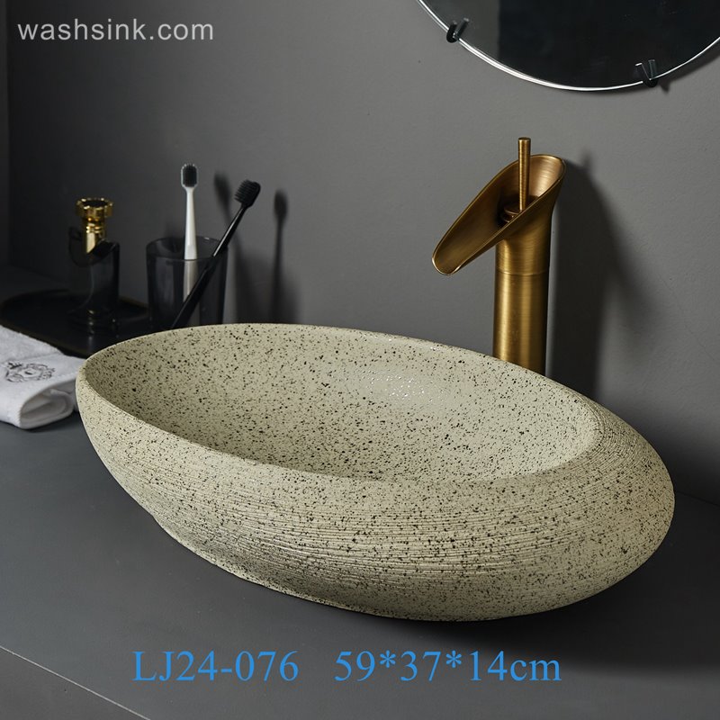 LJ24-076-BQ0A7275 LJ24-0076 2024 New design yellow sand grain appearance decorative pebble shape ceramic wash basin - shengjiang  ceramic  factory   porcelain art hand basin wash sink