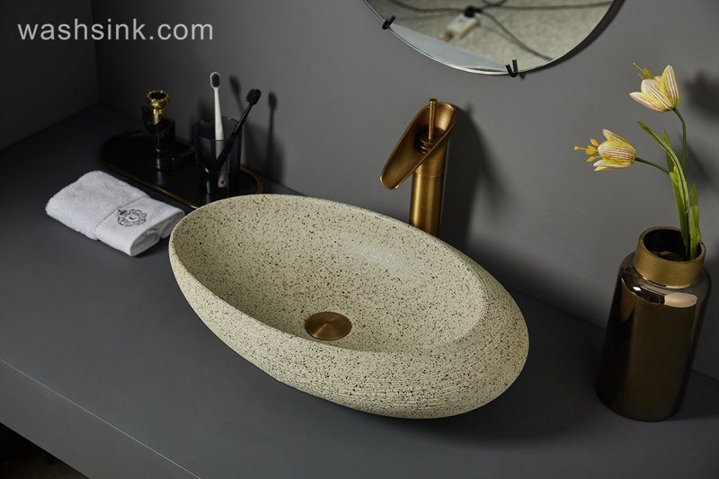 LJ24-076-BQ0A7276 LJ24-0076 2024 New design yellow sand grain appearance decorative pebble shape ceramic wash basin - shengjiang  ceramic  factory   porcelain art hand basin wash sink