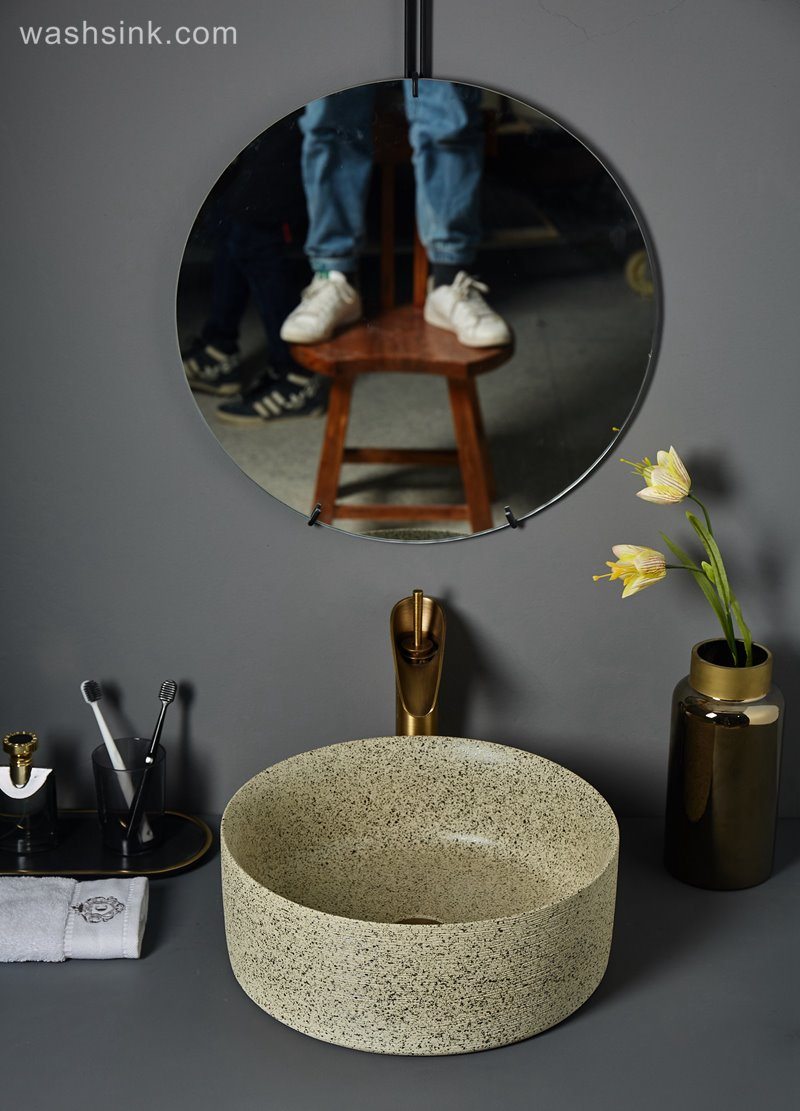 LJ24-084-BQ0A7447 LJ24-0084   Round maize- yellow  Ceramic Vessel Sink - Modern Above Counter Bathroom Vanity Bowl - shengjiang  ceramic  factory   porcelain art hand basin wash sink