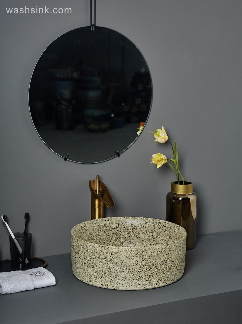 LJ24-084-BQ0A7452 LJ24-0084   Round maize- yellow  Ceramic Vessel Sink - Modern Above Counter Bathroom Vanity Bowl - shengjiang  ceramic  factory   porcelain art hand basin wash sink