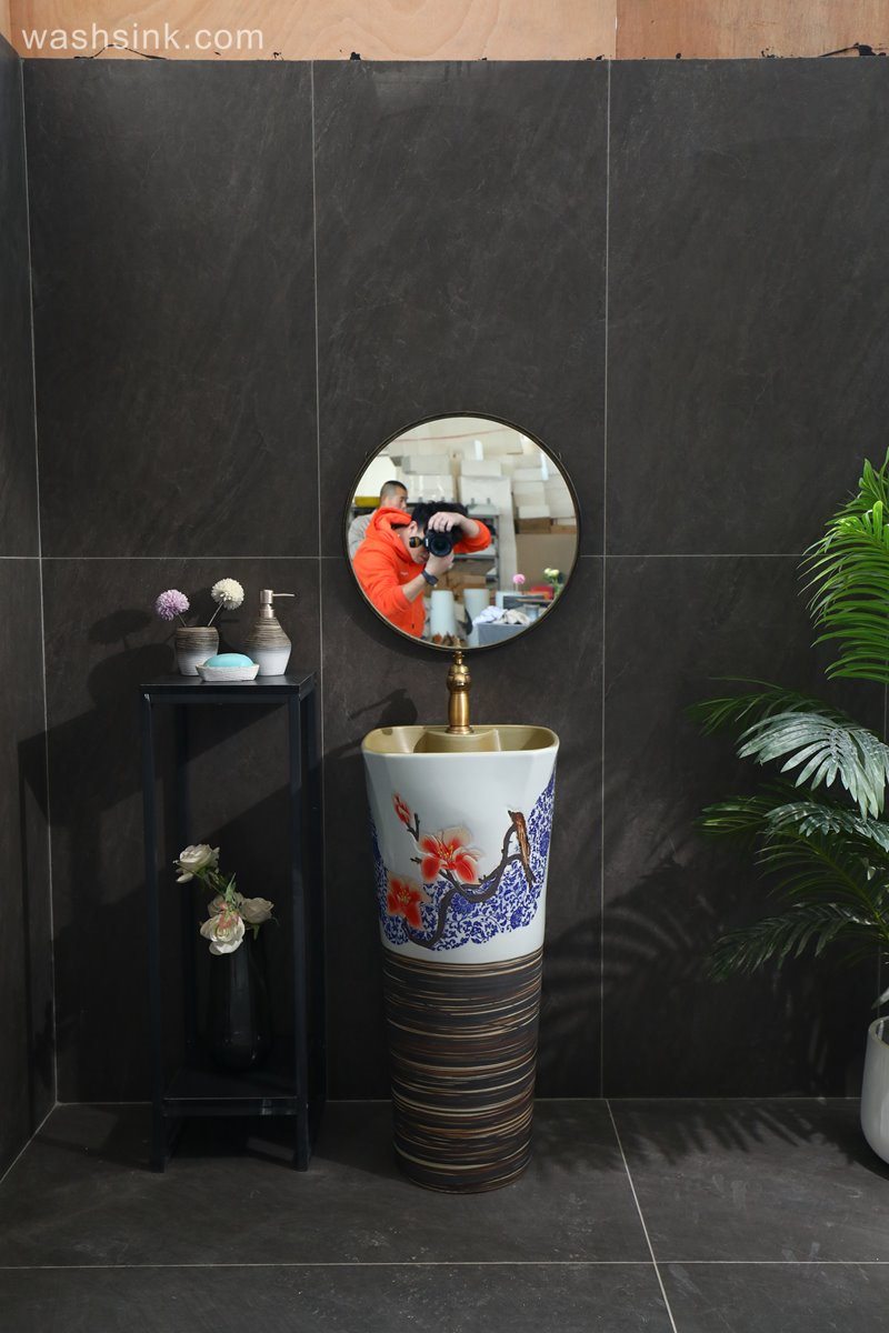 LJ24-092-6W5A2152-1 LJ24-0092 Freestanding Pedestal Sink Hotel Bathroom Art Sink Pedestal Handcrafted Ceramic wash Basin Pedestal - shengjiang  ceramic  factory   porcelain art hand basin wash sink