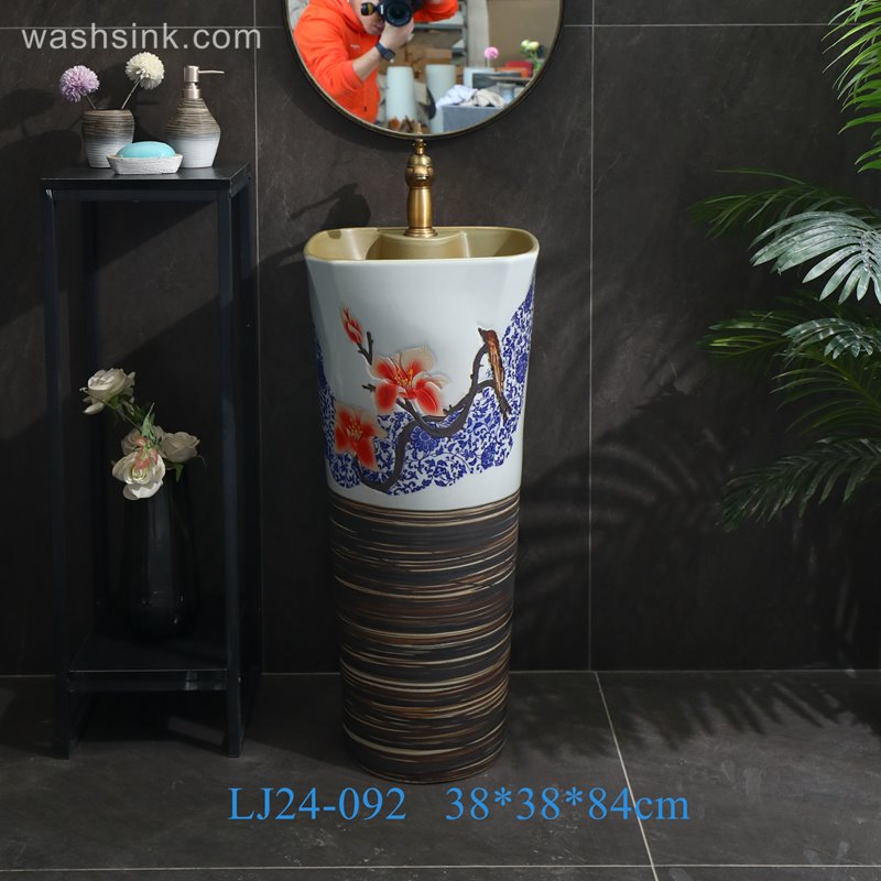 LJ24-092-6W5A2152 LJ24-0092 Freestanding Pedestal Sink Hotel Bathroom Art Sink Pedestal Handcrafted Ceramic wash Basin Pedestal - shengjiang  ceramic  factory   porcelain art hand basin wash sink