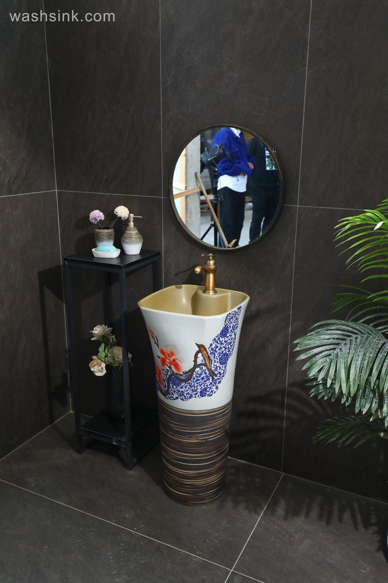 LJ24-092-6W5A2153 LJ24-0092 Freestanding Pedestal Sink Hotel Bathroom Art Sink Pedestal Handcrafted Ceramic wash Basin Pedestal - shengjiang  ceramic  factory   porcelain art hand basin wash sink