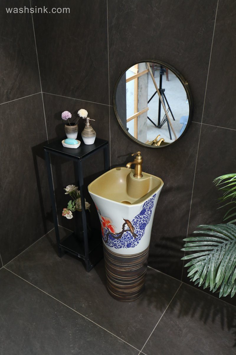 LJ24-092-6W5A2154 LJ24-0092 Freestanding Pedestal Sink Hotel Bathroom Art Sink Pedestal Handcrafted Ceramic wash Basin Pedestal - shengjiang  ceramic  factory   porcelain art hand basin wash sink
