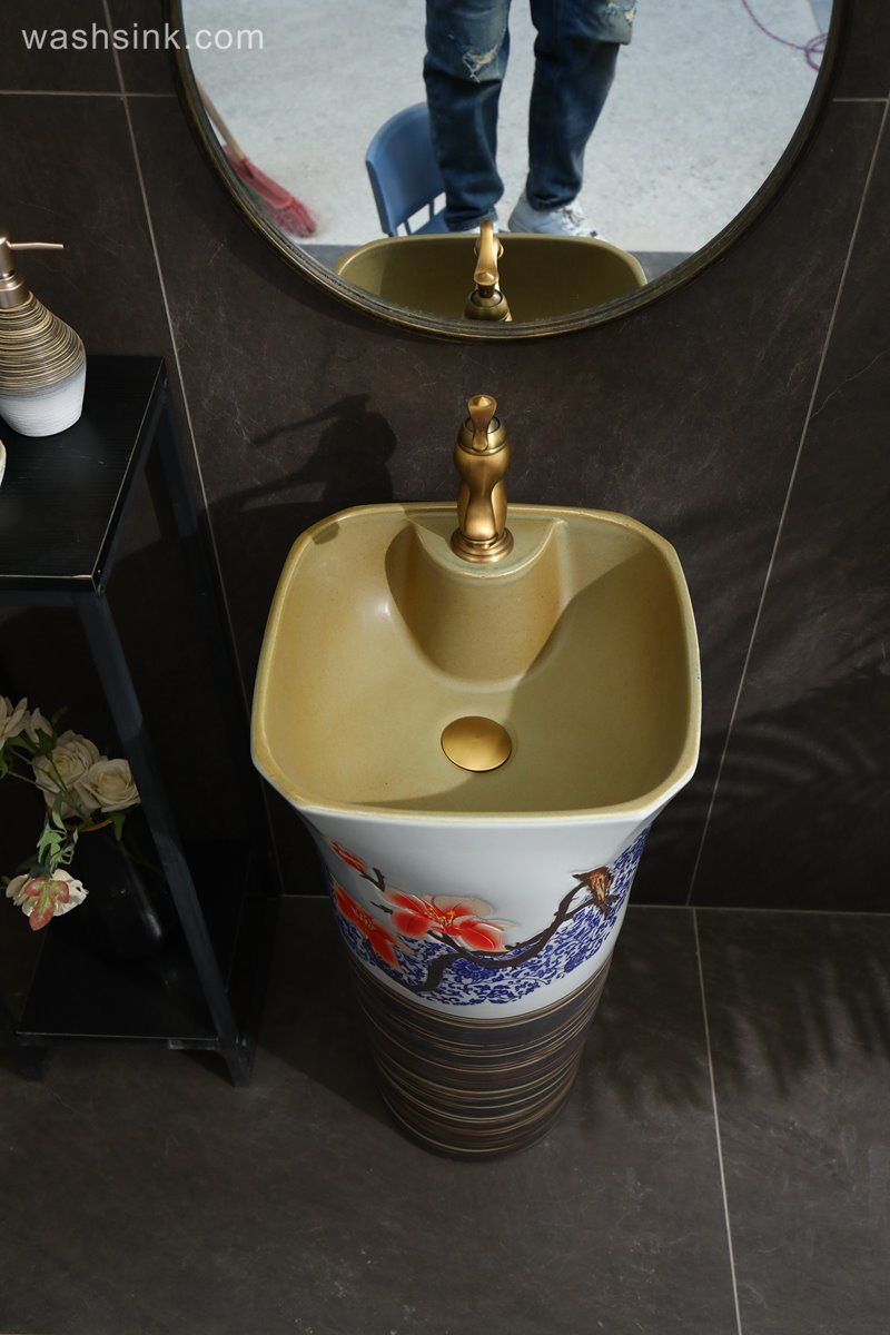 LJ24-092-6W5A2156 LJ24-0092 Freestanding Pedestal Sink Hotel Bathroom Art Sink Pedestal Handcrafted Ceramic wash Basin Pedestal - shengjiang  ceramic  factory   porcelain art hand basin wash sink