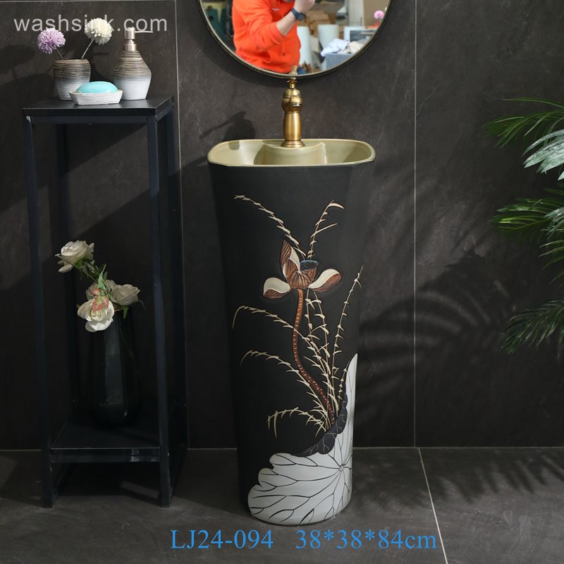 LJ24-094-6W5A2169 LJ24-0094  High-end home decoration lotus lotus leaf creative design black background ceramic washbasin - shengjiang  ceramic  factory   porcelain art hand basin wash sink