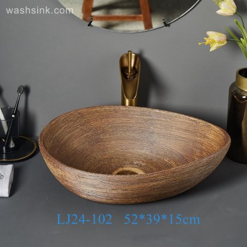 LJ24-00102  Oval Solid Surface Matte Brown Drain Combo Egg Shape Above Counter Bathroom Vanity Bowl Sink