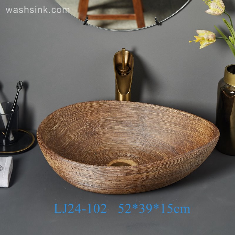 LJ24-102-BQ0A7132-2 LJ24-00102  Oval Solid Surface Matte Brown Drain Combo Egg Shape Above Counter Bathroom Vanity Bowl Sink - shengjiang  ceramic  factory   porcelain art hand basin wash sink