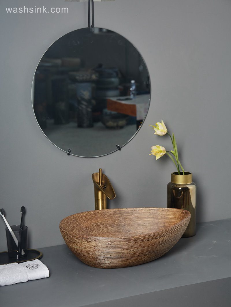 LJ24-102-BQ0A7133 LJ24-00102   Oval Solid Surface Matte Yellow Vessel Sink Egg Shape Above Counter Bathroom Vanity Bowl Sink - shengjiang  ceramic  factory   porcelain art hand basin wash sink