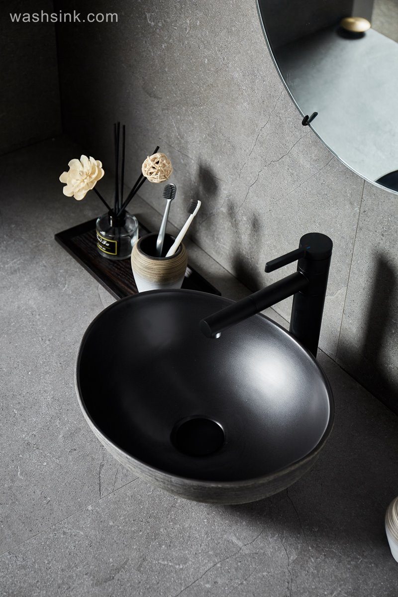 LJ24-105-BQ0A8674 LJ24-00105 Oval Black Ceramic Vessel Sink - Modern Egg Shape Above Counter Bathroom Vanity Bowl - shengjiang  ceramic  factory   porcelain art hand basin wash sink