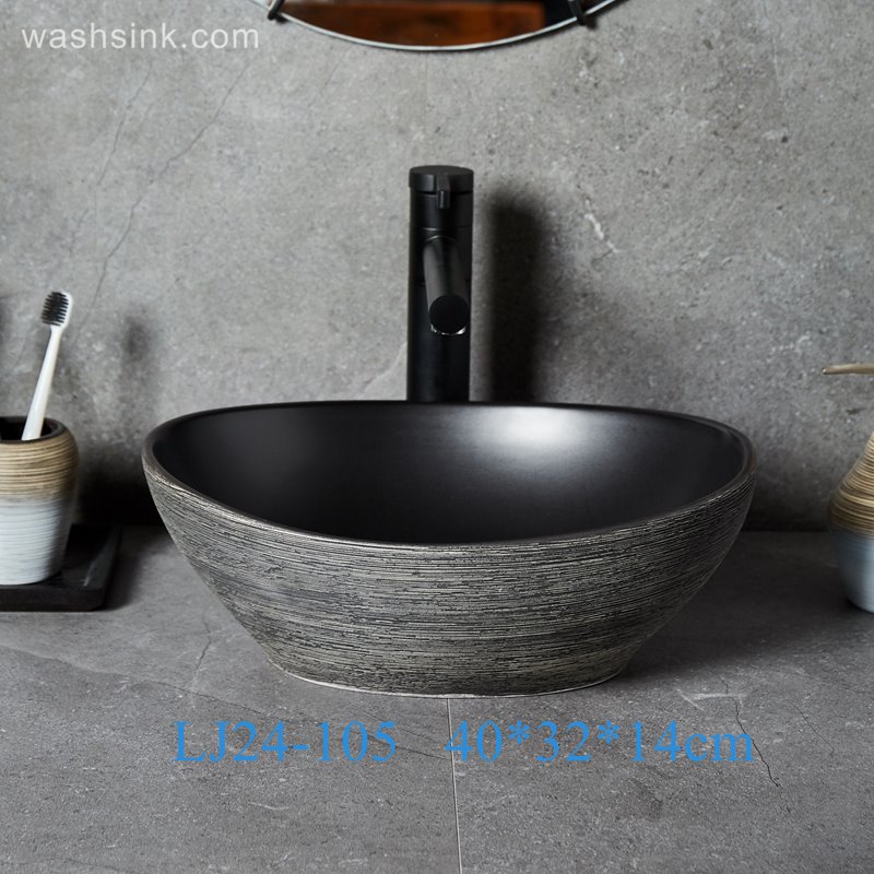 LJ24-105-BQ0A8676 LJ24-00105 Oval Black Ceramic Vessel Sink - Modern Egg Shape Above Counter Bathroom Vanity Bowl - shengjiang  ceramic  factory   porcelain art hand basin wash sink