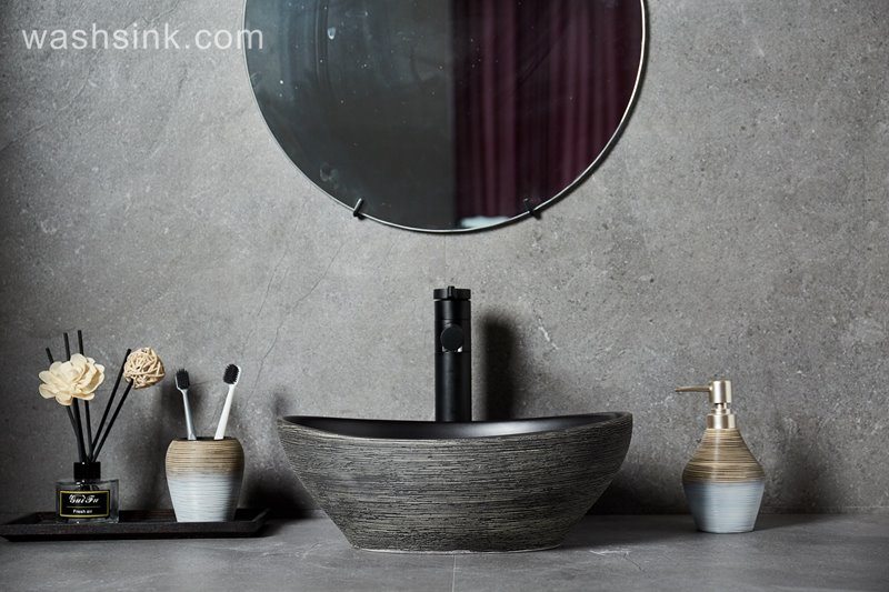 LJ24-105-BQ0A8677 LJ24-00105 Oval Black Ceramic Vessel Sink - Modern Egg Shape Above Counter Bathroom Vanity Bowl - shengjiang  ceramic  factory   porcelain art hand basin wash sink