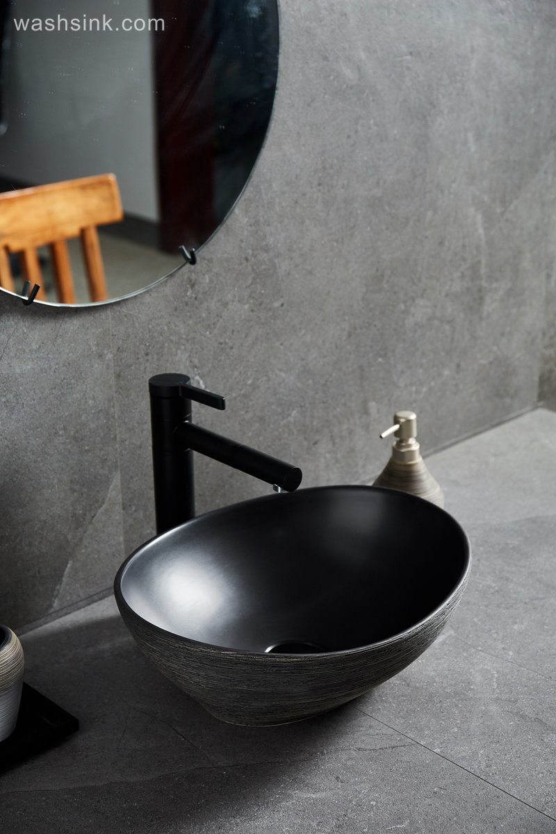 LJ24-105-BQ0A8683 LJ24-00105 Oval Black Ceramic Vessel Sink - Modern Egg Shape Above Counter Bathroom Vanity Bowl - shengjiang  ceramic  factory   porcelain art hand basin wash sink