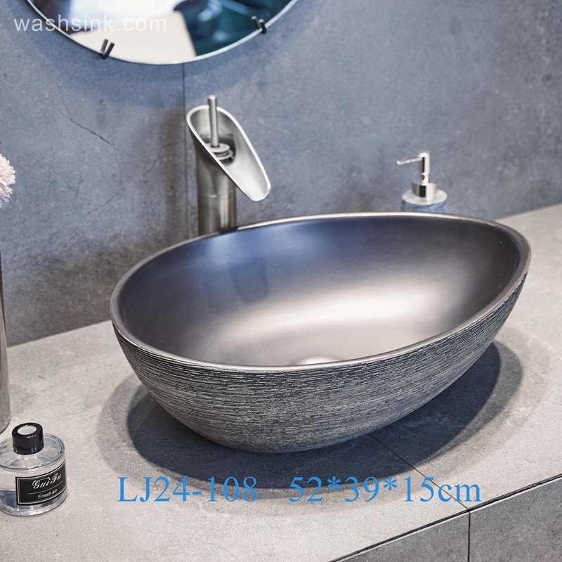 LJ24-108-BQ0A2970 LJ24-00108 High Quality Modern Simple Fashion Black Duck Egg Shape Ceramic Basin - shengjiang  ceramic  factory   porcelain art hand basin wash sink
