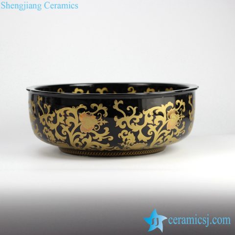 RYXW-YL-DZ-05 Black glazed golden floral pattern straight wall round cupboard bath chinaware wash basin