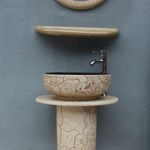 RYXW033 Carved flower bird design Ceramic Pedestal Lavatory Sink