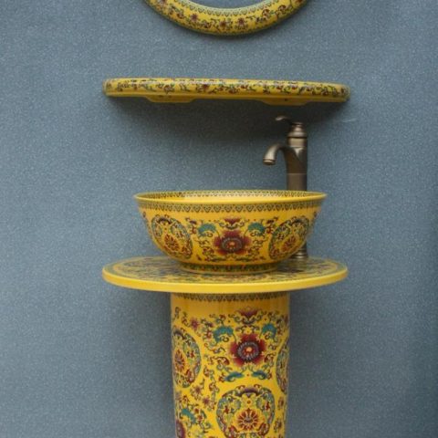 RYXW035 Chinese yellow flower design Ceramic Pedestal Lavatory Sink