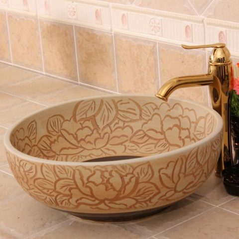 RYXW274 Carved matte flower design Ceramic Bathroom Sink