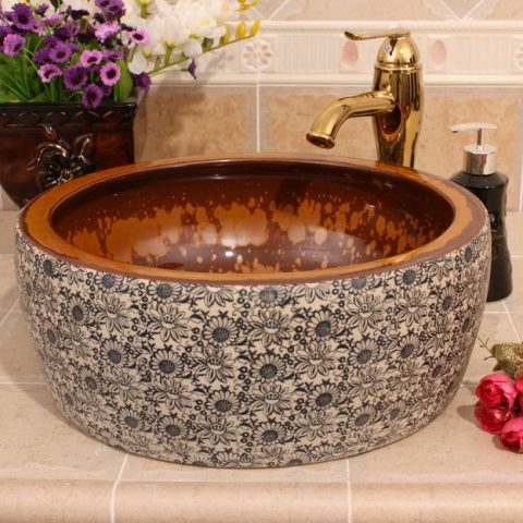 RYXW512 Color glazed inside with matte floral outside design Ceramic wash basin size 16″