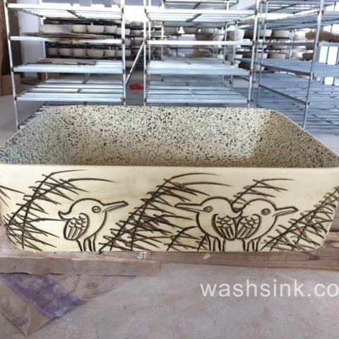 TPAA-001 Rough clay style carved bird pattern square ceramic wash sink