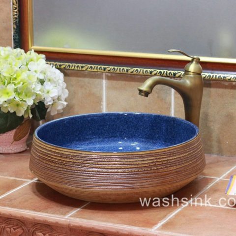 TPAA-053 Starry sky blue inside and carved circle pattern ceramic farmhouse sink