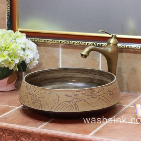 TPAA-055 Bird lotus pattern hand carving round ceramic kitchen vessel sink