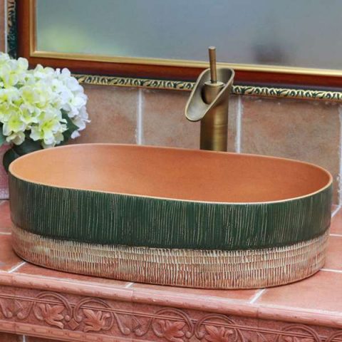 TPAA-101 Green and yellow clay style oval pottery sanitary ware sink