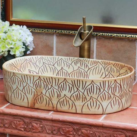 TPAA-102 Carved lotus petal design oval clay washing basin