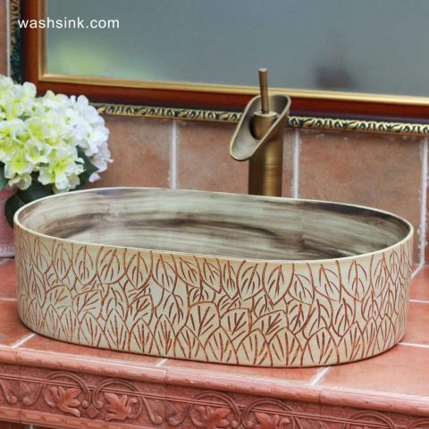 TPAA-104 Crockery material leaves carving design oval best ceramic kitchen sinks